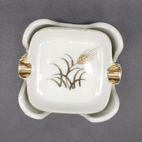 Lefton White Gold Wheat Design Vintage Personal Porcelain Ashtrays with Holder - Picture 10 of 11